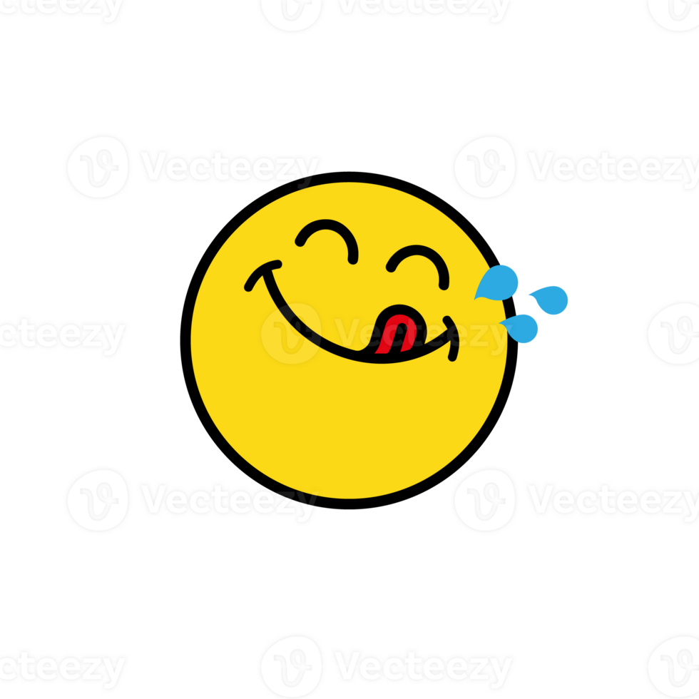 Yummy face happy smile cartoon line emoticon with tongue lick mouth. Delicious tasty food eating emoji face on yellow design background Yum icon png