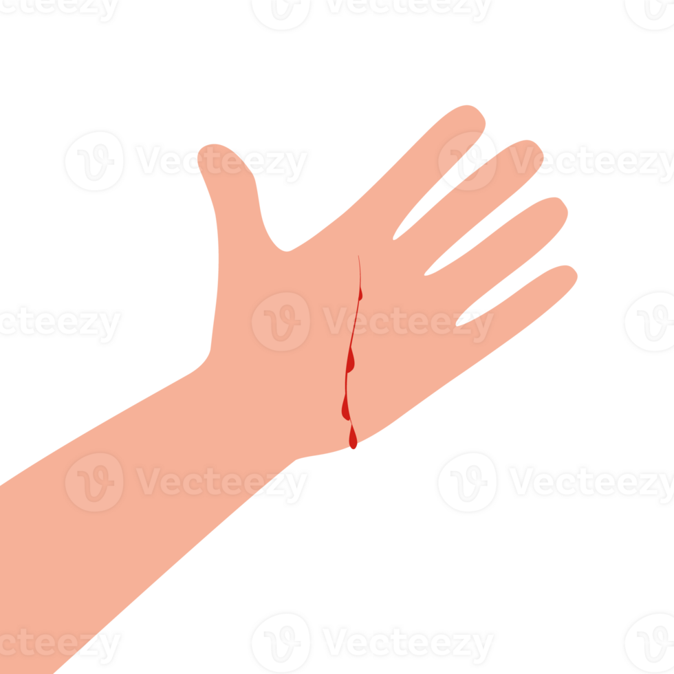 Wound on the hand palm. Red blood, infection in the cut. Skin injury. Idea of health treatment and first aid. Isolated illustration in cartoon style png