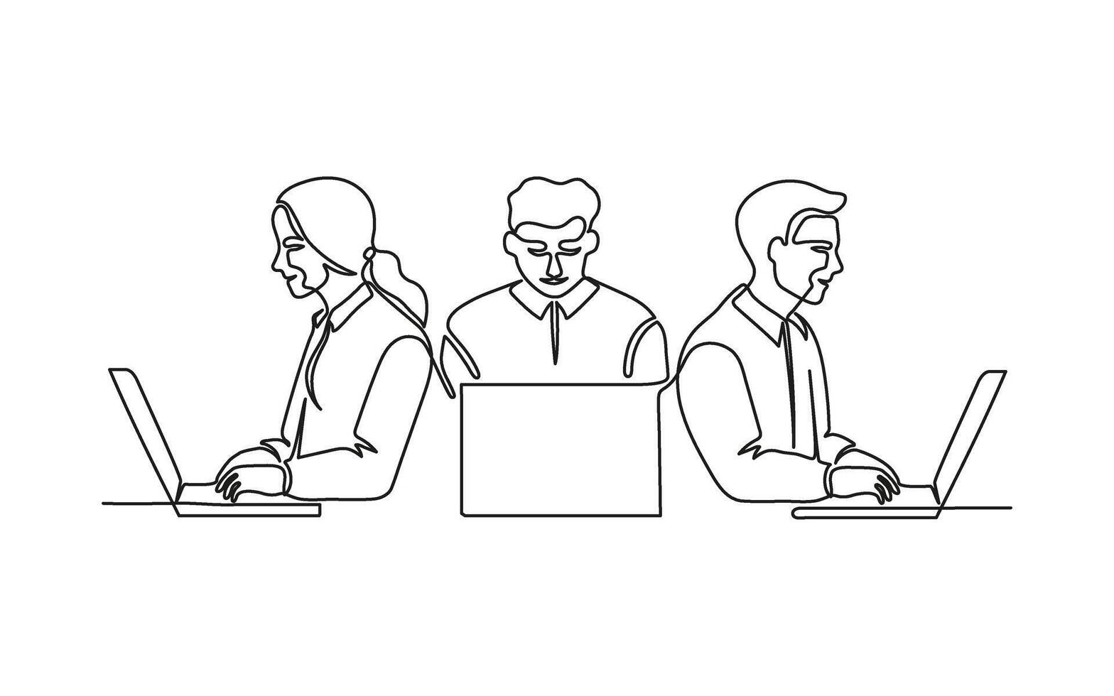 grupo oficina personas trabajo en computadora portátil, continuo uno línea dibujo. trabajo en equipo, aprendizaje o negocio, camaradería en trabajar. sencillo soltero minimalismo contorno estilo vector