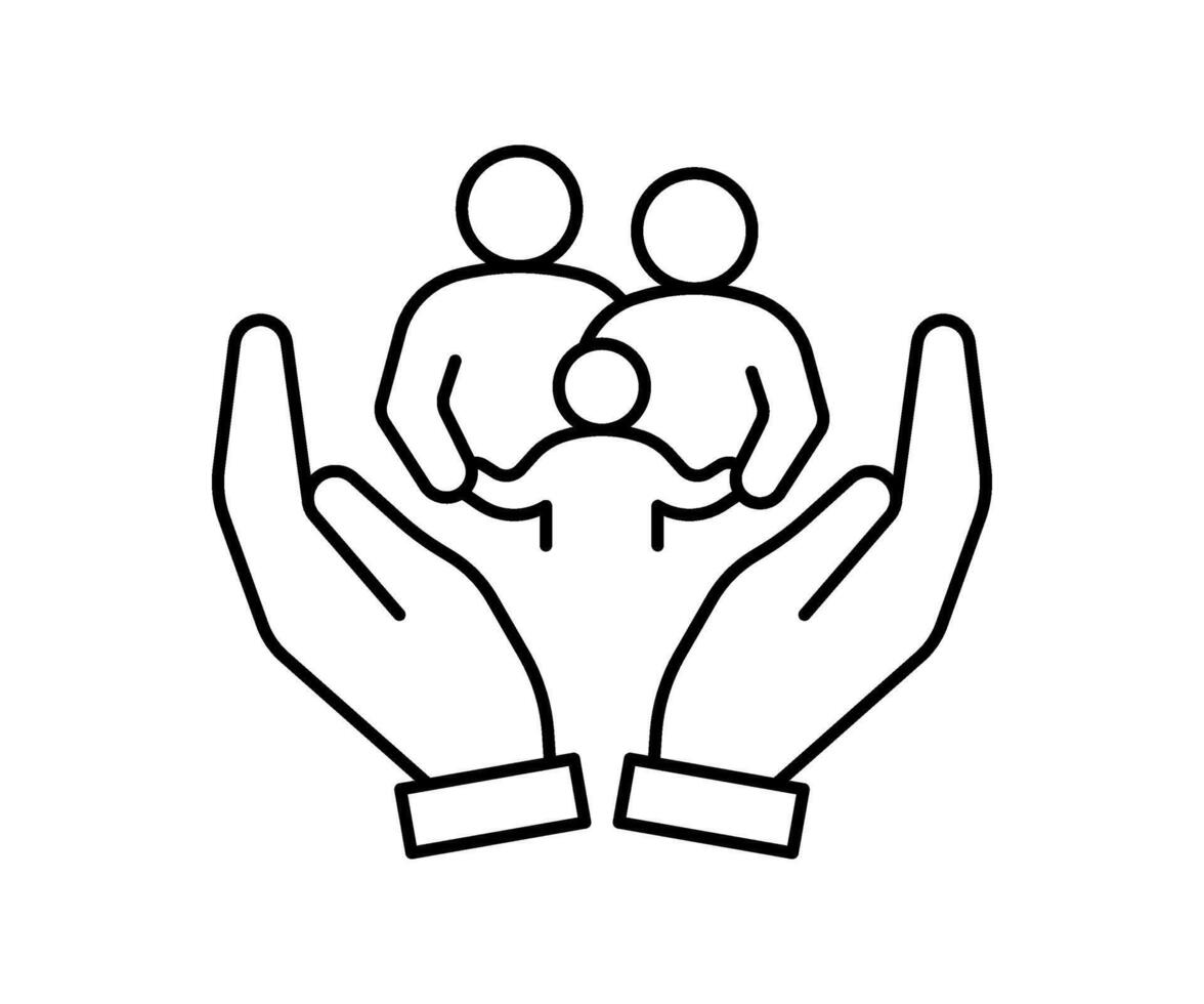 Hand support family community, kinship line icon. Care, protection, help parents and children in family. Generational connection, family research, genealogy. Volunteer support. outline illustration vector