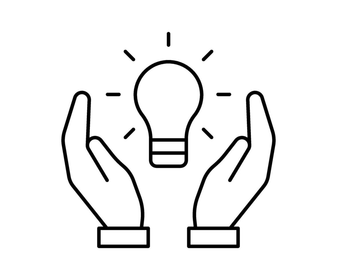 Bulb light in hand, line icon. Lightbulb symbol as idea concept sign. Lamp simple outline. illustration vector