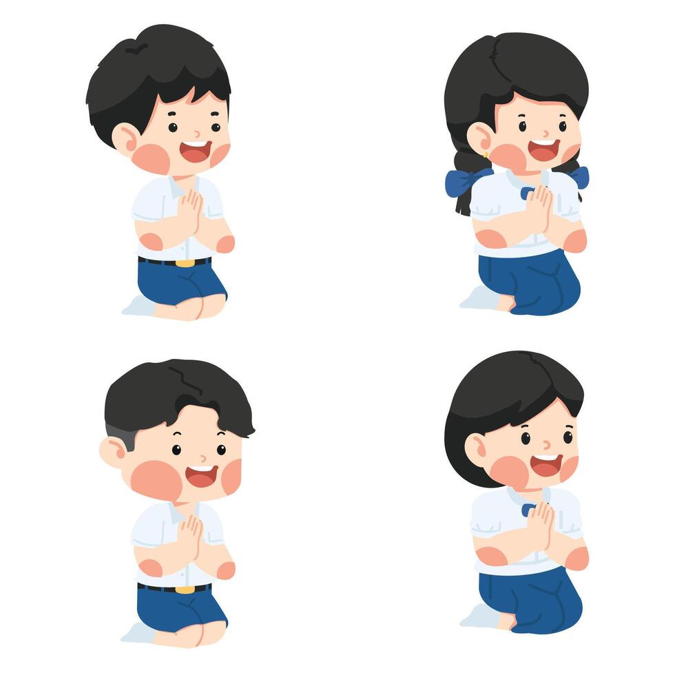 Kid student with greeting sawasdee on the Floor vector