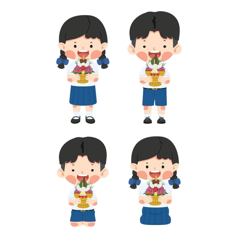 Kid Thai Student with Flower tray for Teacher day set vector