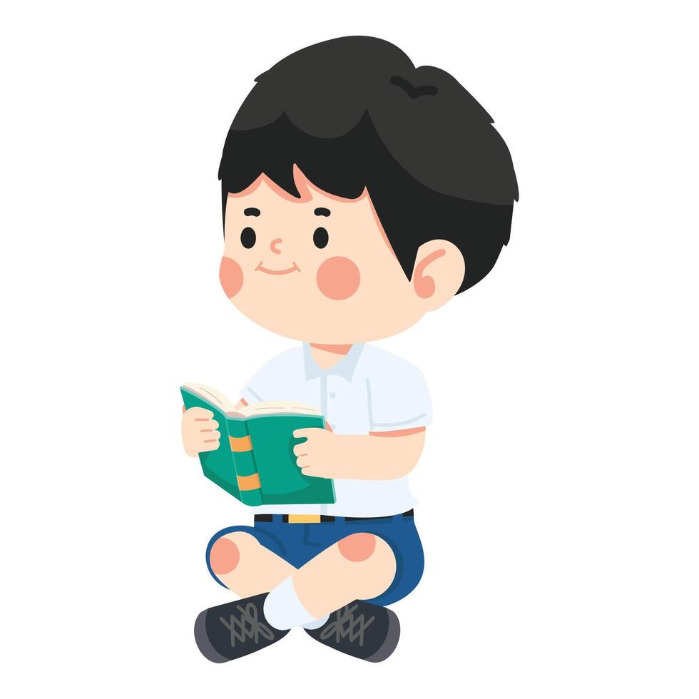 Cute boy student reading book vector