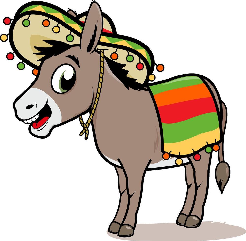 Cartoon Mexican donkey with a sombrero hat. Funny mariachi donkey character celebrating Cinco de Mayo in Mexico. vector