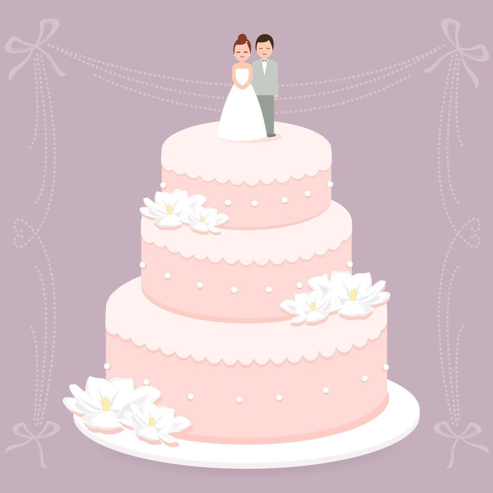 A stylish wedding cake decorated with white magnolia flowers and a bride and groom cake topper. Beautiful pink wedding cake for wedding shower party. vector