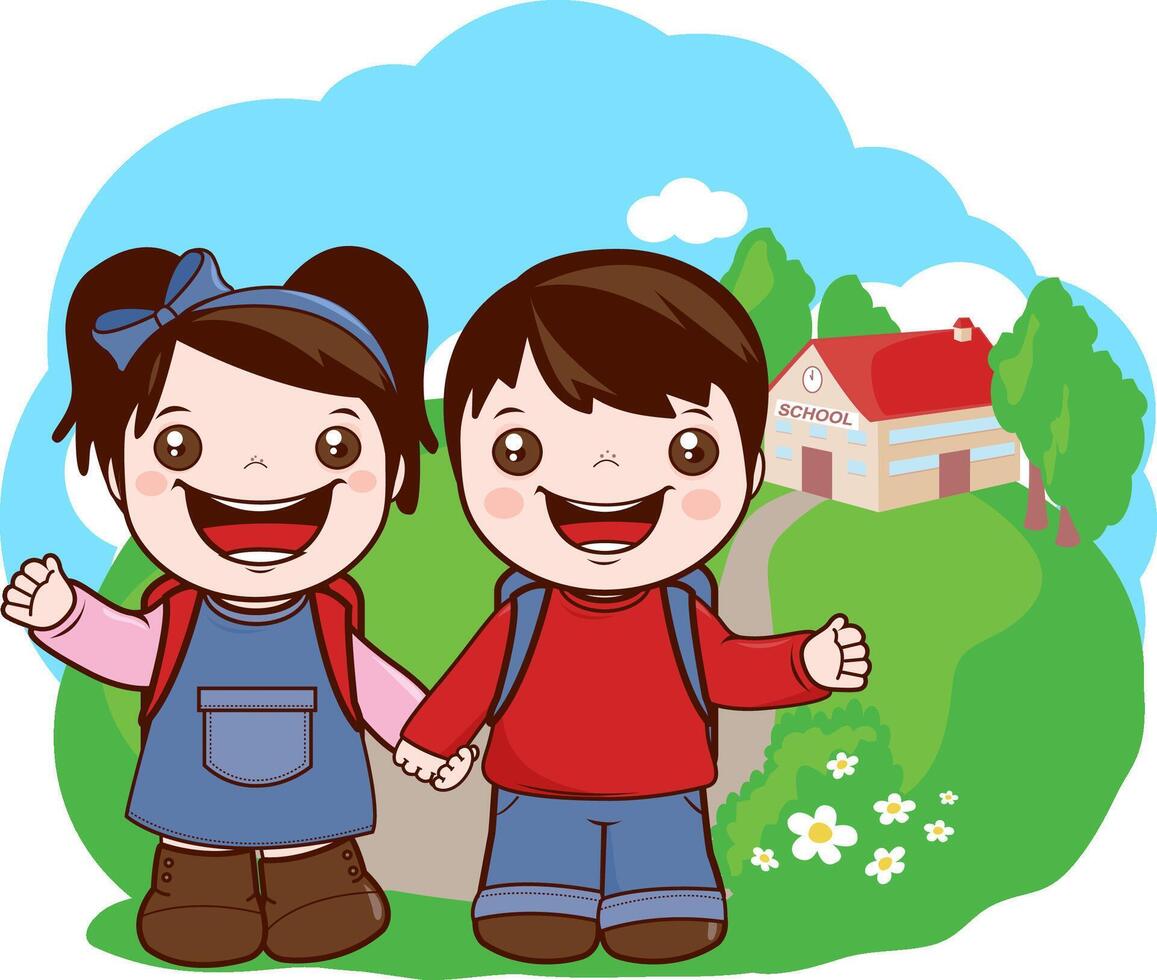Happy children in the school yard. A girl and a boy students at school kindergarten. vector