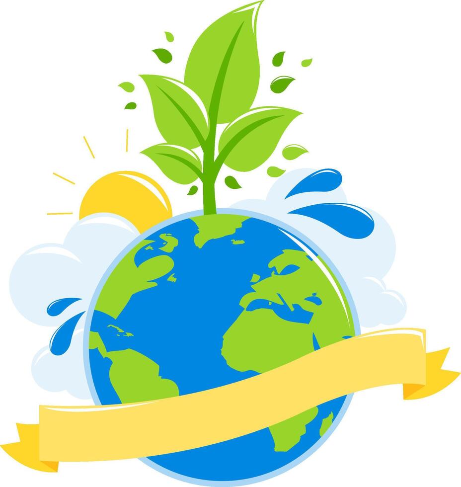 Save the planet, ecology Earth day. Earth globe environment growing a healthy tree, the sun, water and clouds. Blank banner to fill in text. vector