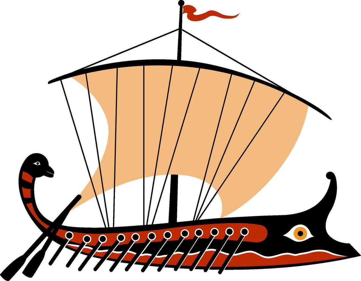 An ancient Greek trireme ship sailing on the sea. Stylized illustration of ancient Greek ship. vector