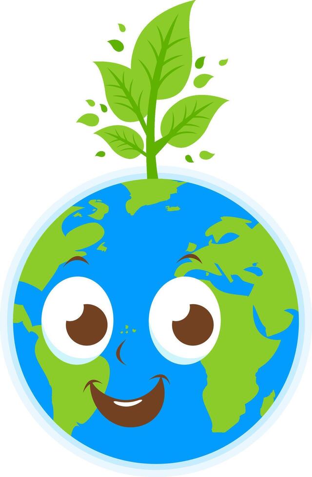 Cartoon planet Earth character and a growing tree. Save the planet Earth with clean environment, plants and trees. vector