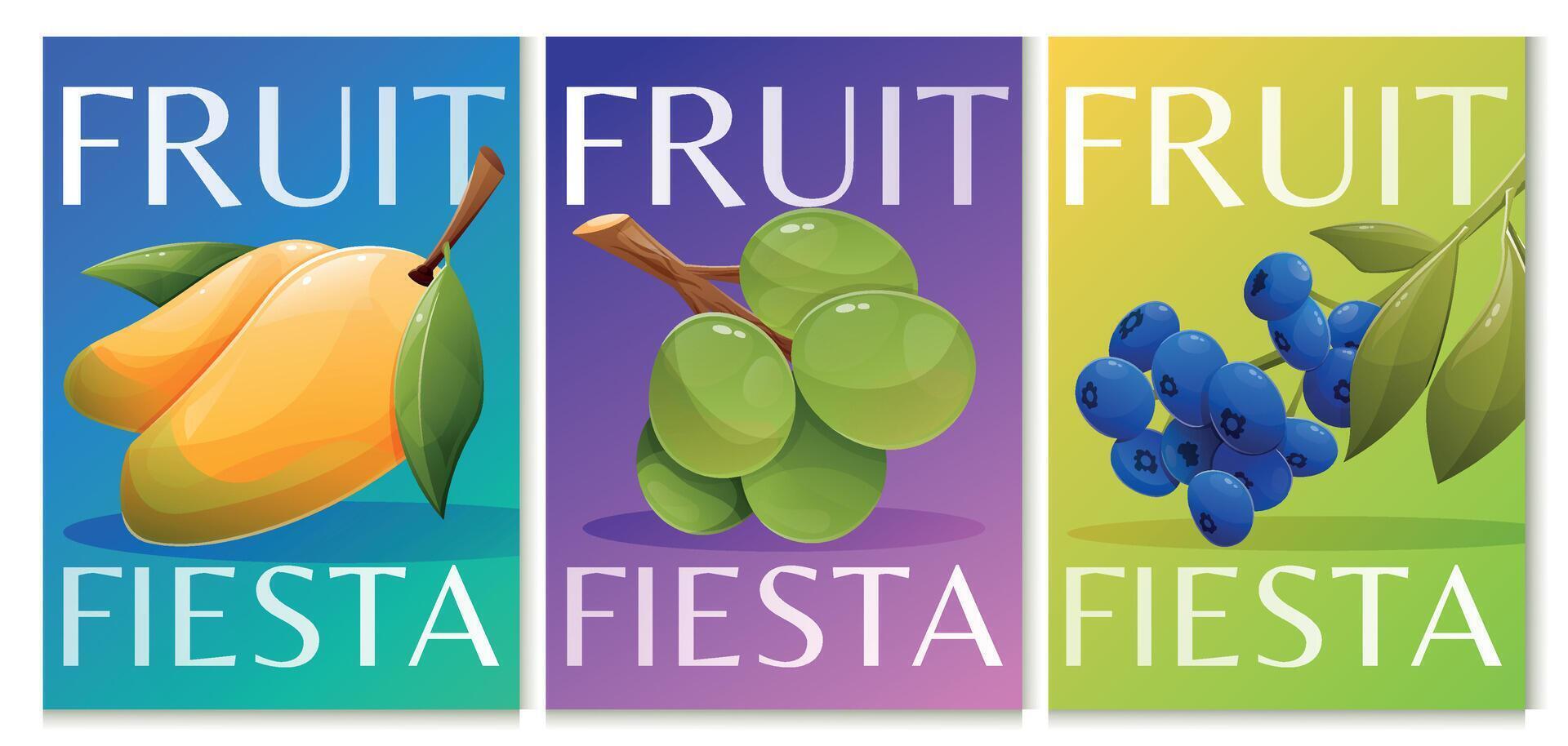 conjunto de brillante vertical publicidad bandera plantillas con el texto Fruta fiesta dibujos animados ilustración de un manojo de arándanos, verde uvas, maduro amarillo mango. vector