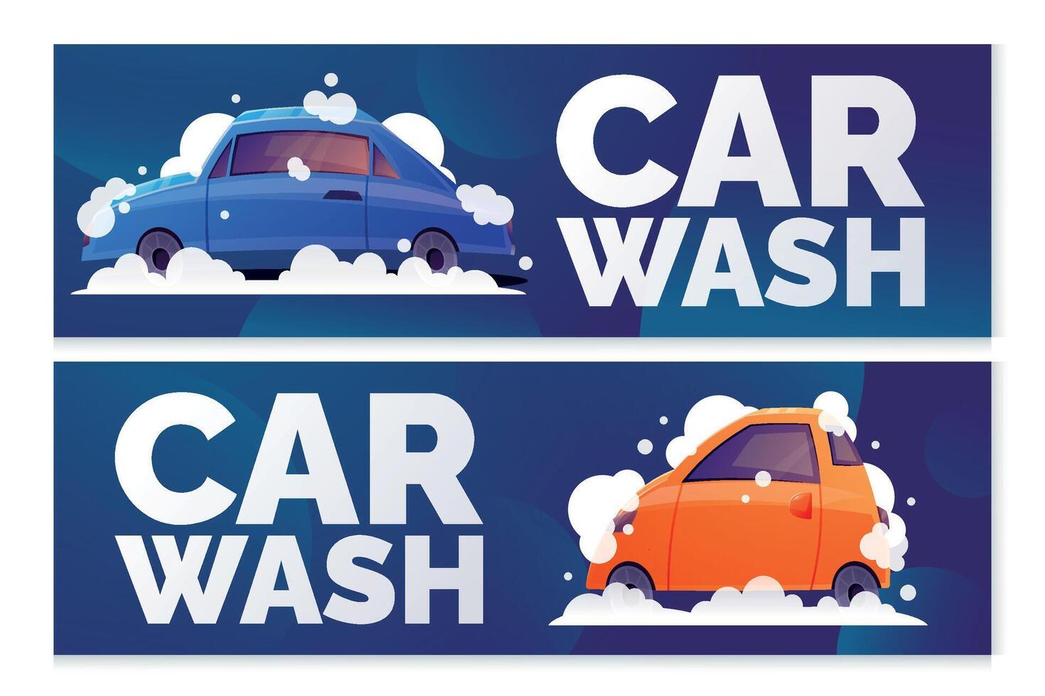 Two horizontal advertising banners for Car Wash. Illustration of a cartoon passenger car with washing foam and soap bubbles. vector