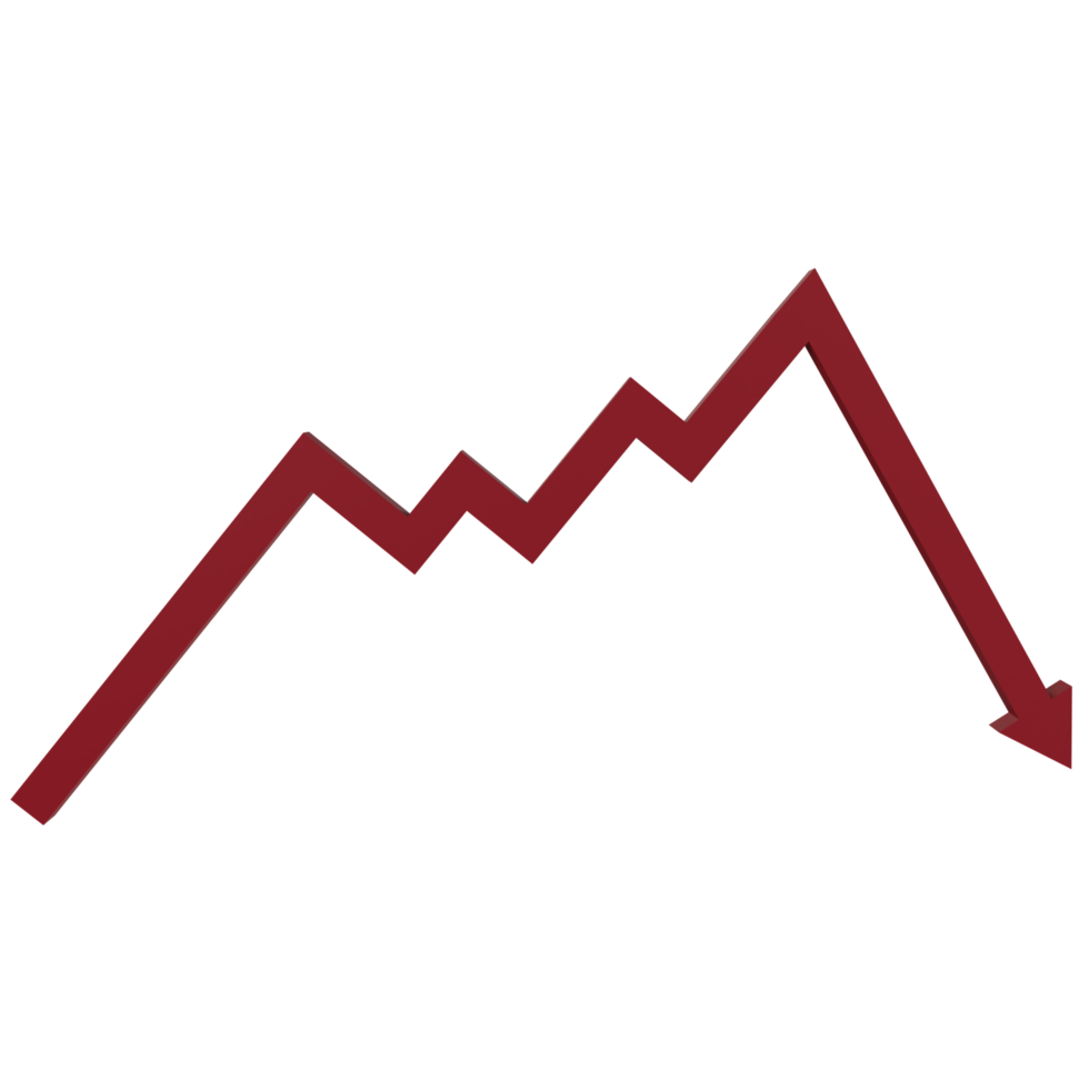 3d render red down arrow icon. concept illustration of economic strategy collapse and money crash chart png