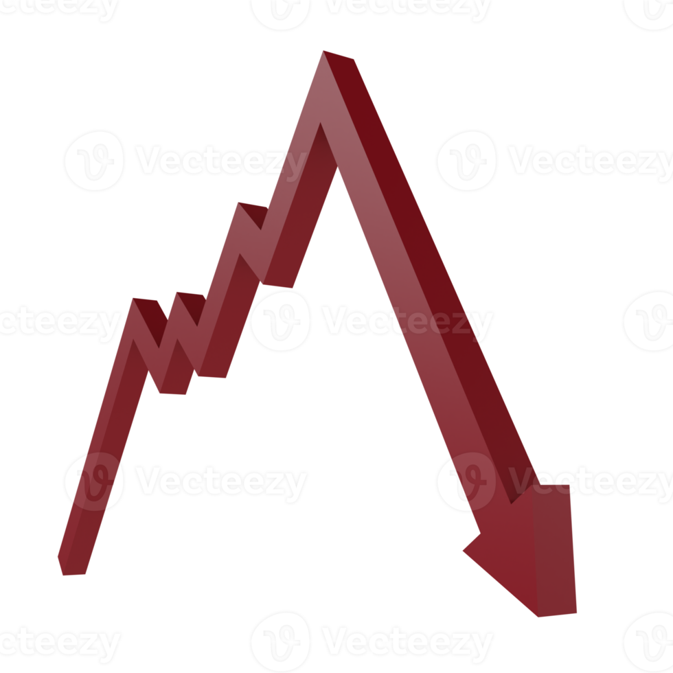 3d render red down arrow icon. concept illustration of economic strategy collapse and money crash chart png
