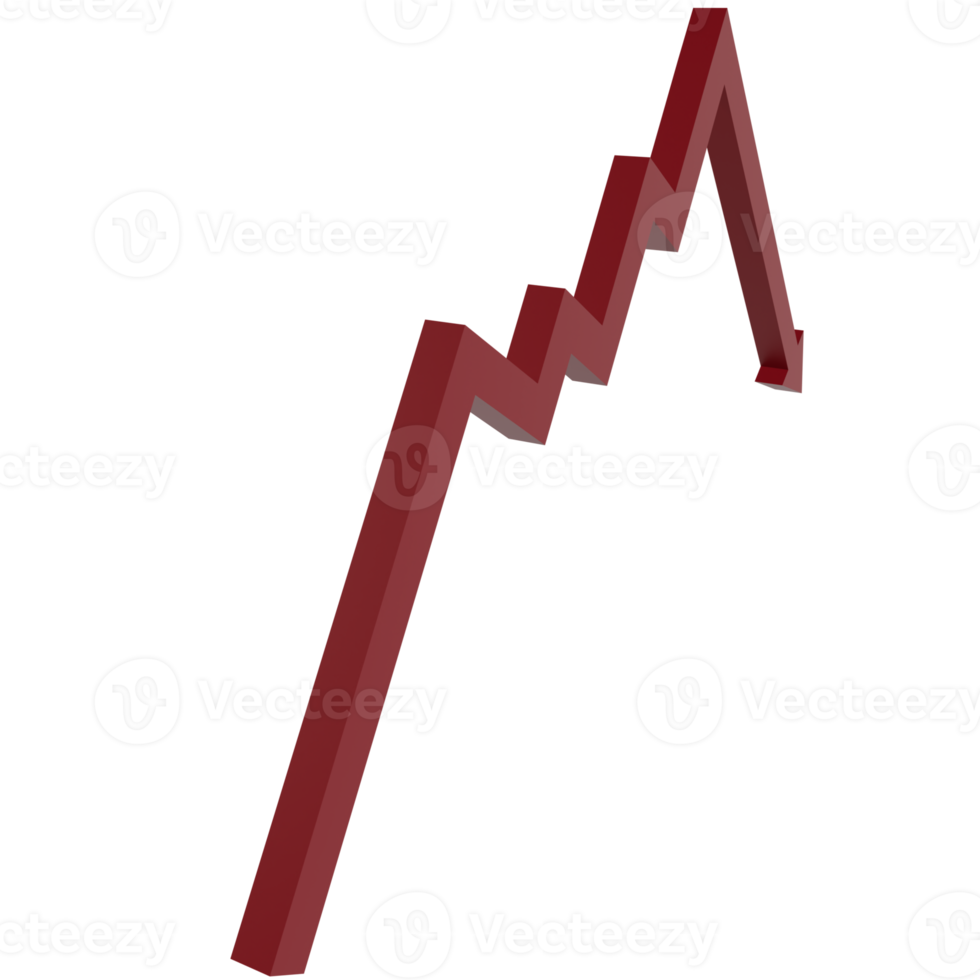 3d render red down arrow icon. concept illustration of economic strategy collapse and money crash chart png
