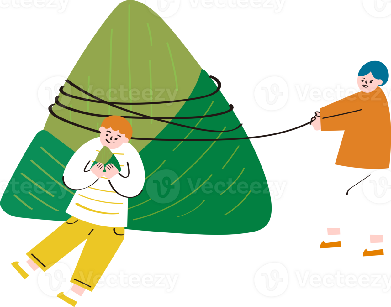 a boy lay on a rice dumpling and a boy pull a rope of rice dumpling png