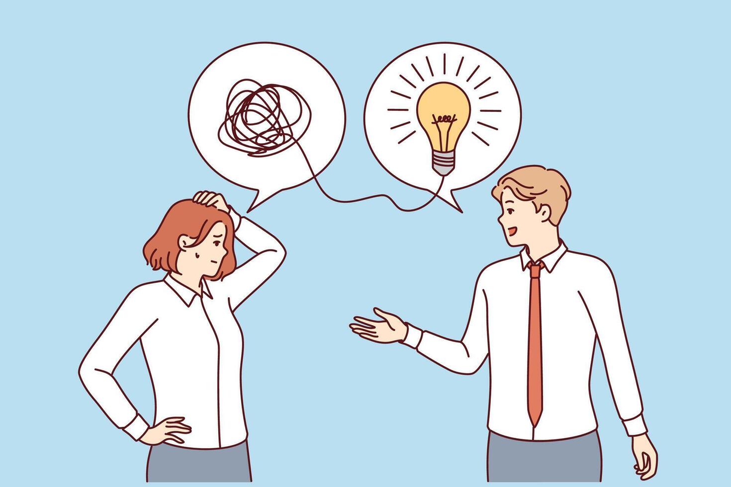 Man mentor brainstorms for woman colleague with confused thoughts, standing under light bulb vector