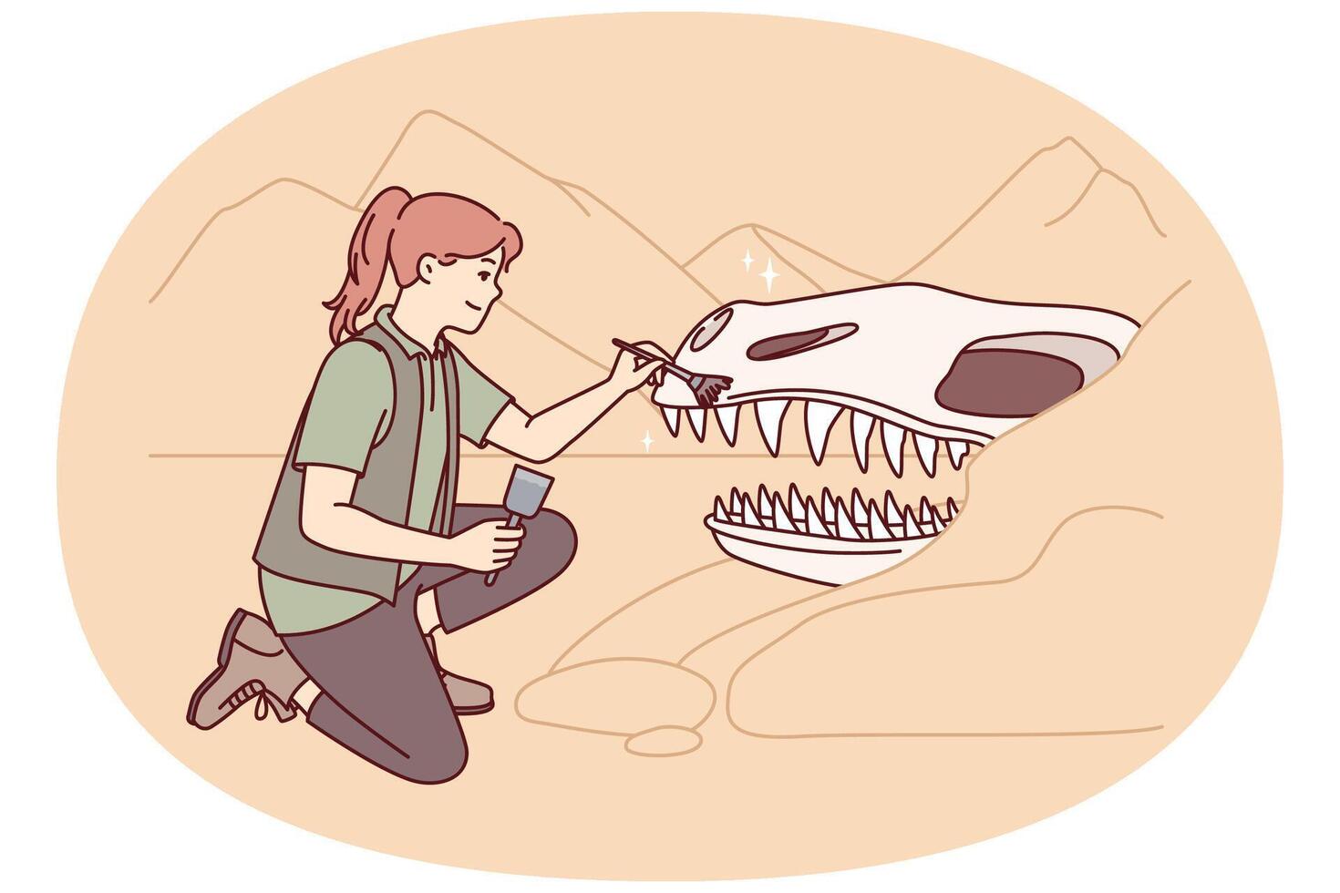 Woman archaeologist near giant dinosaur skull cleans head of ancient animal with brush. image vector