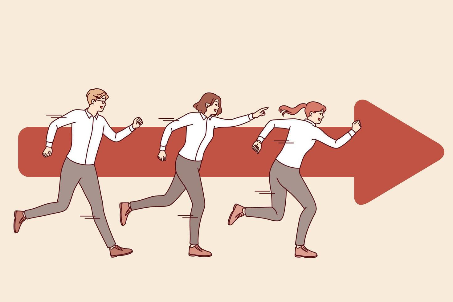 Teamwork of business people running together near arrow and striving to quickly achieve goal vector