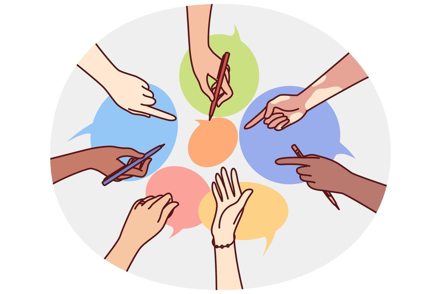 Hands of diverse people near dialogue clouds metaphor collective communication in instant messengers vector