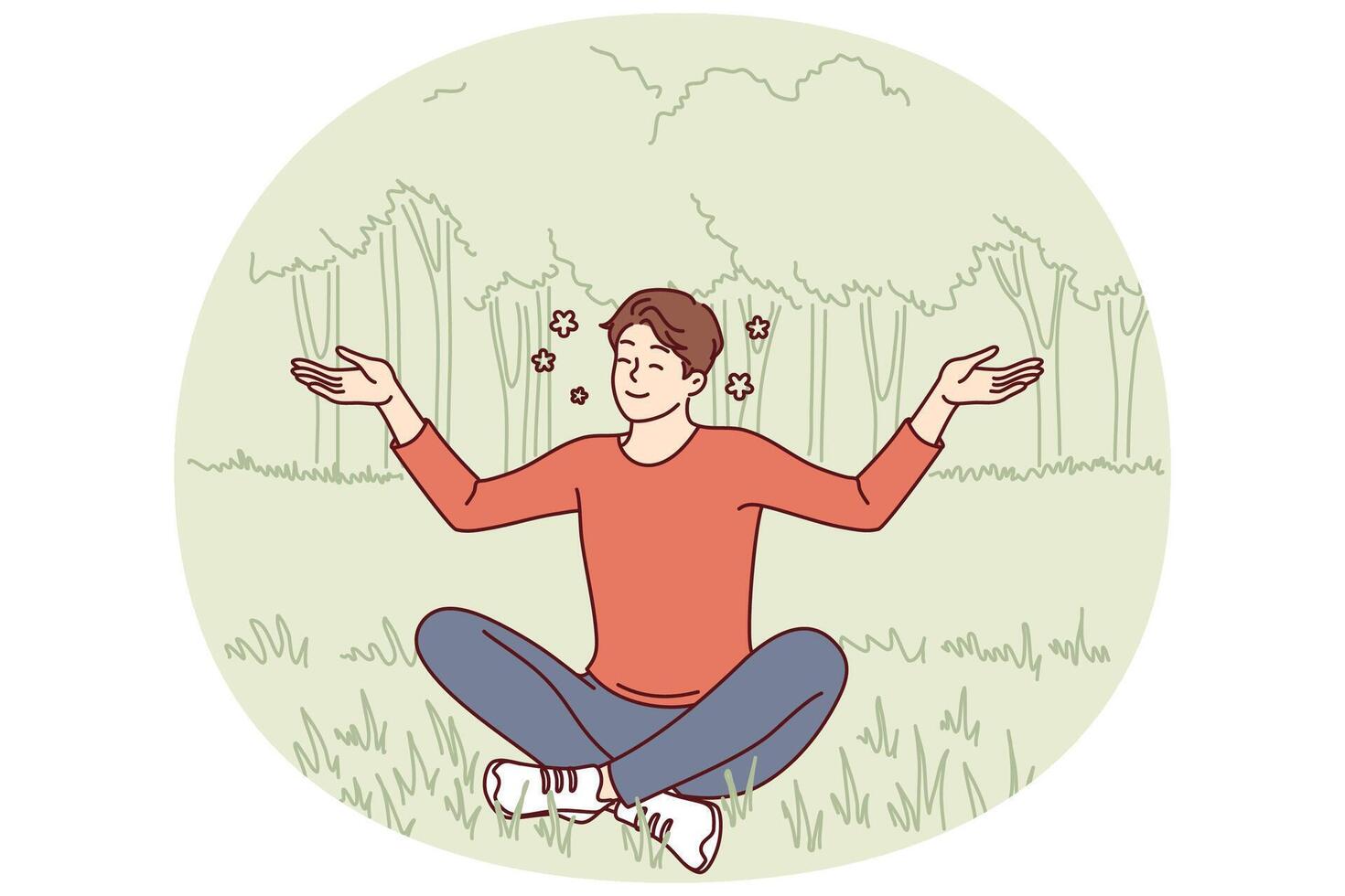 Young guy sits in lotus position on lawn doing yoga and meditating to restore strength vector