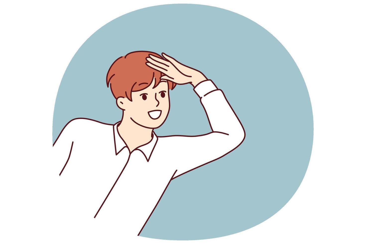 Boy looks out and puts hand to forehead to look into distance and find interesting offer vector