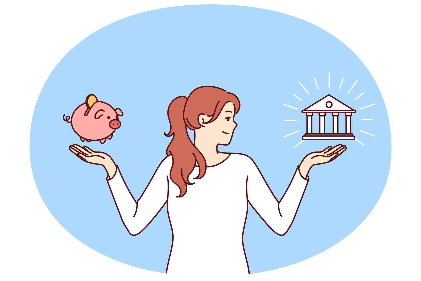 Woman chooses between bank deposit and saving money in piggy bank while planning budget vector