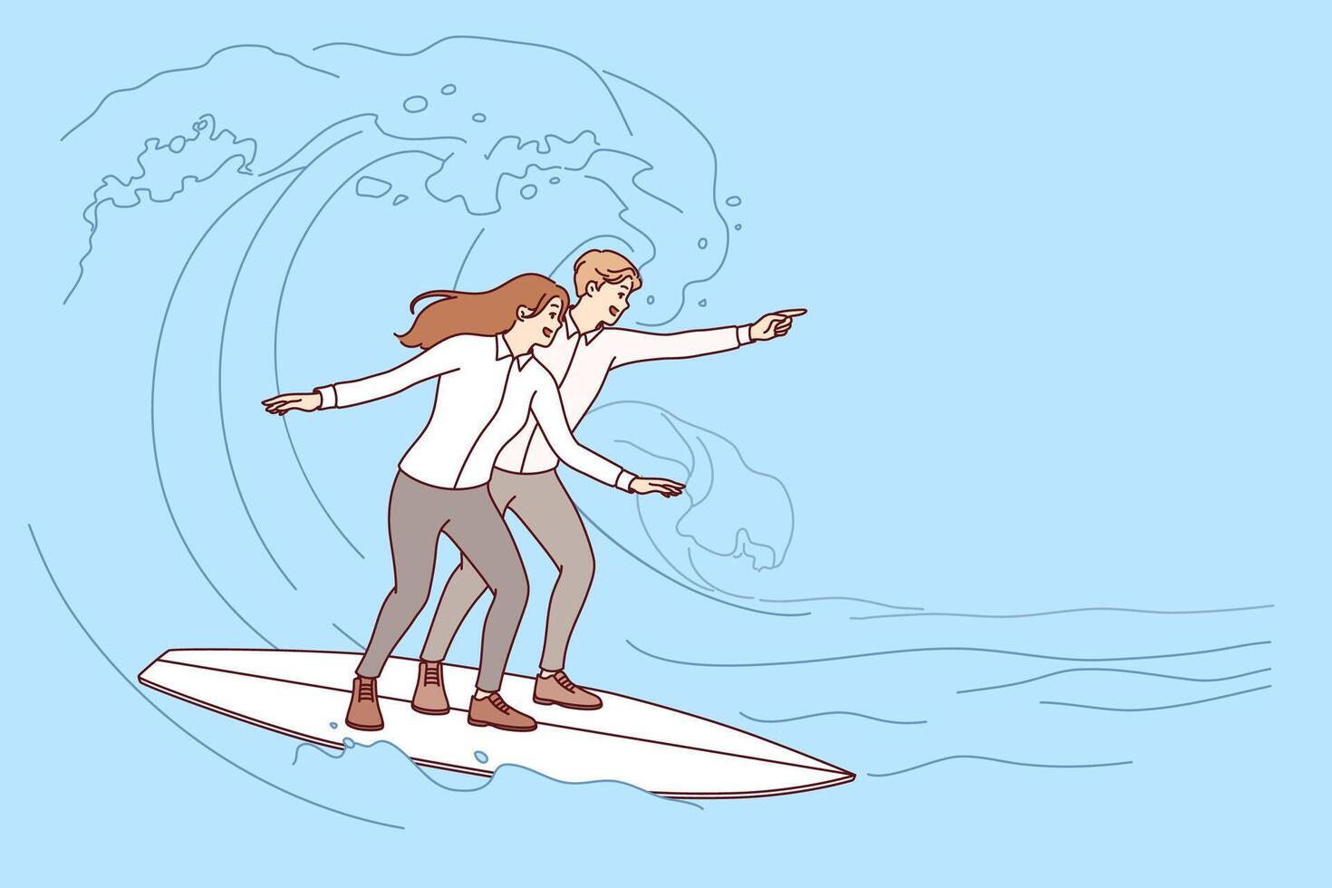 Business partners take risks to achieve success by riding surfboards on sea waves vector