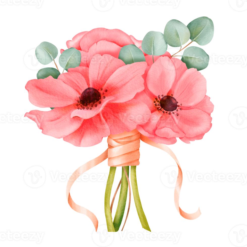 A bouquet of watercolor pink anemones embellished with eucalyptus leaves and satin ribbons. for enhancing wedding invitations, event decorations, botanical-themed designs creations, artistic projects png