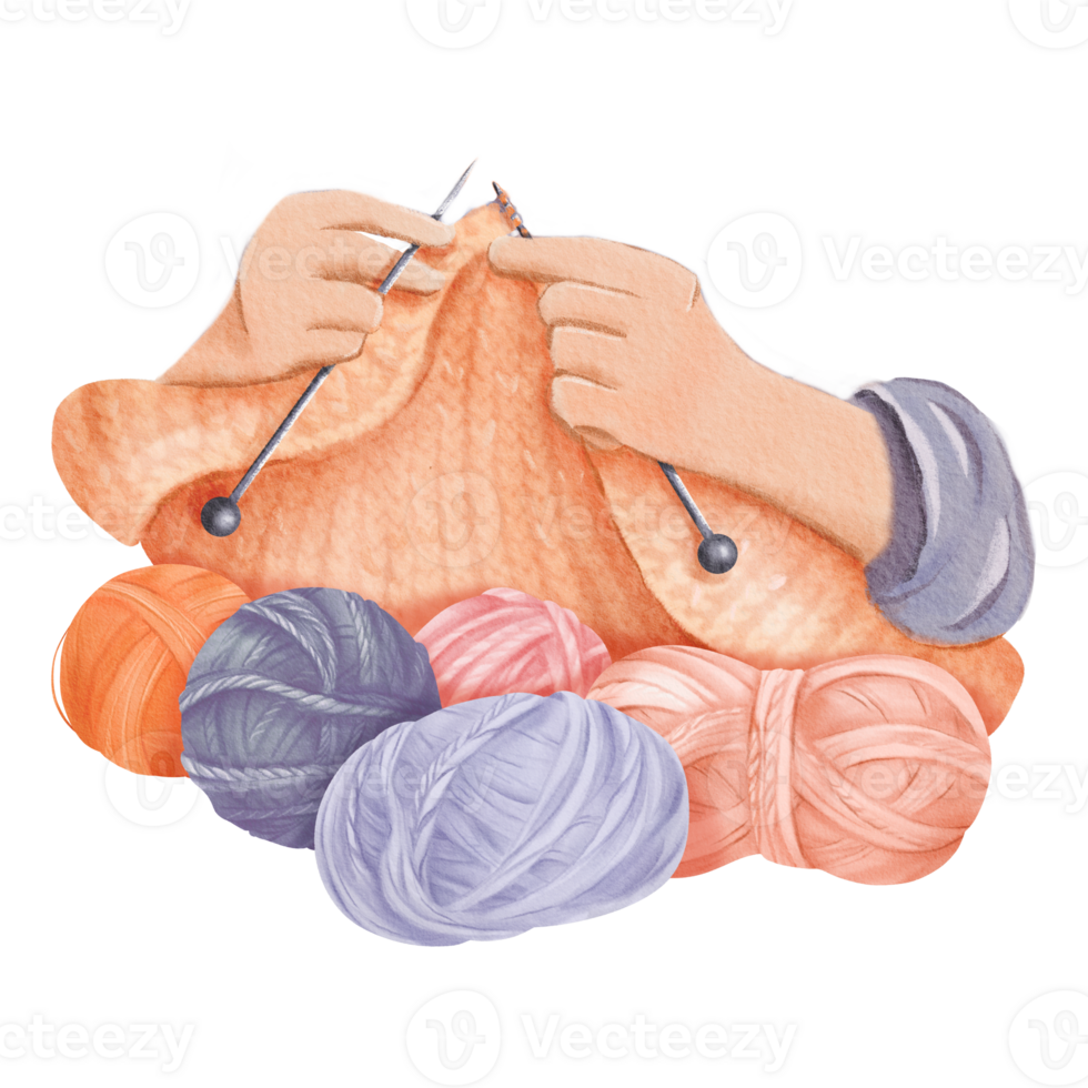 un acuarela composición de tejido de punto, con dos manos hábilmente elaboración tela. vistoso lana hilo pelotas en varios calentar matices, para elaboración blogs, tejido de punto tutoriales acogedor hogar decoración huellas dactilares png