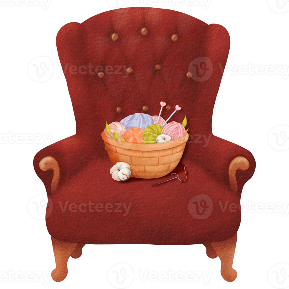 A composition featuring a basket filled with multicolored yarn skeins and knitting needles on a burgundy armchair with a cotton flower nearby. for a cozy evening at home. Watercolor illustration png