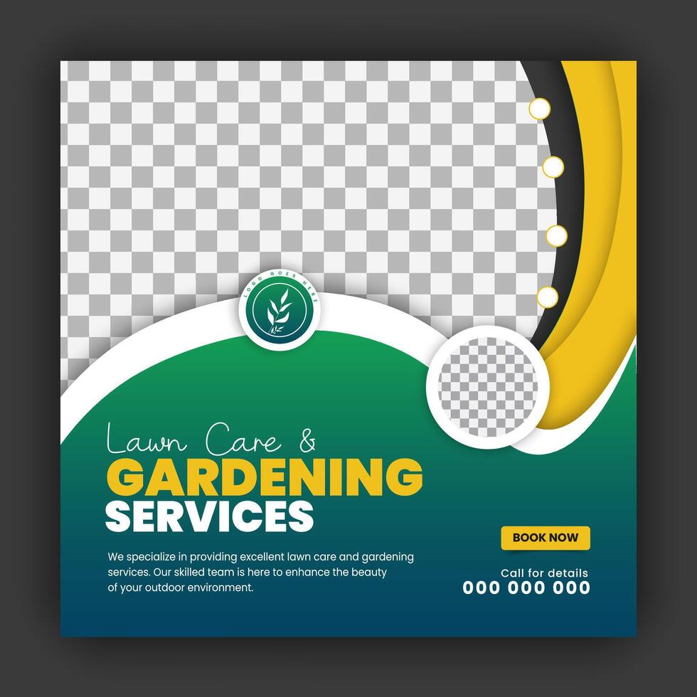 Corporate modern lawn care garden service for social media cover design template, agriculture and organic food campaign post web banner, abstract green, yellow color shapes vector