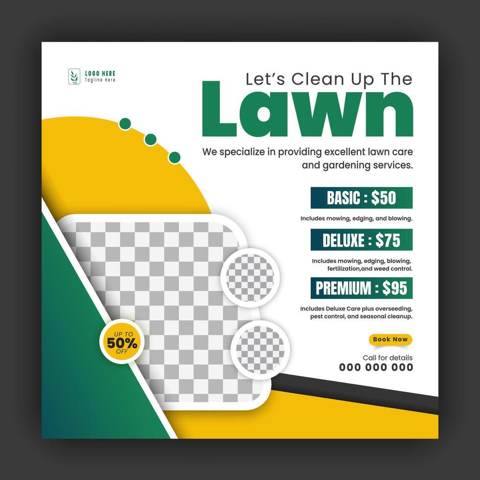 Corporate modern lawn care garden service for social media cover design template, agriculture and organic food campaign post web banner, abstract green, yellow color shape on white background vector