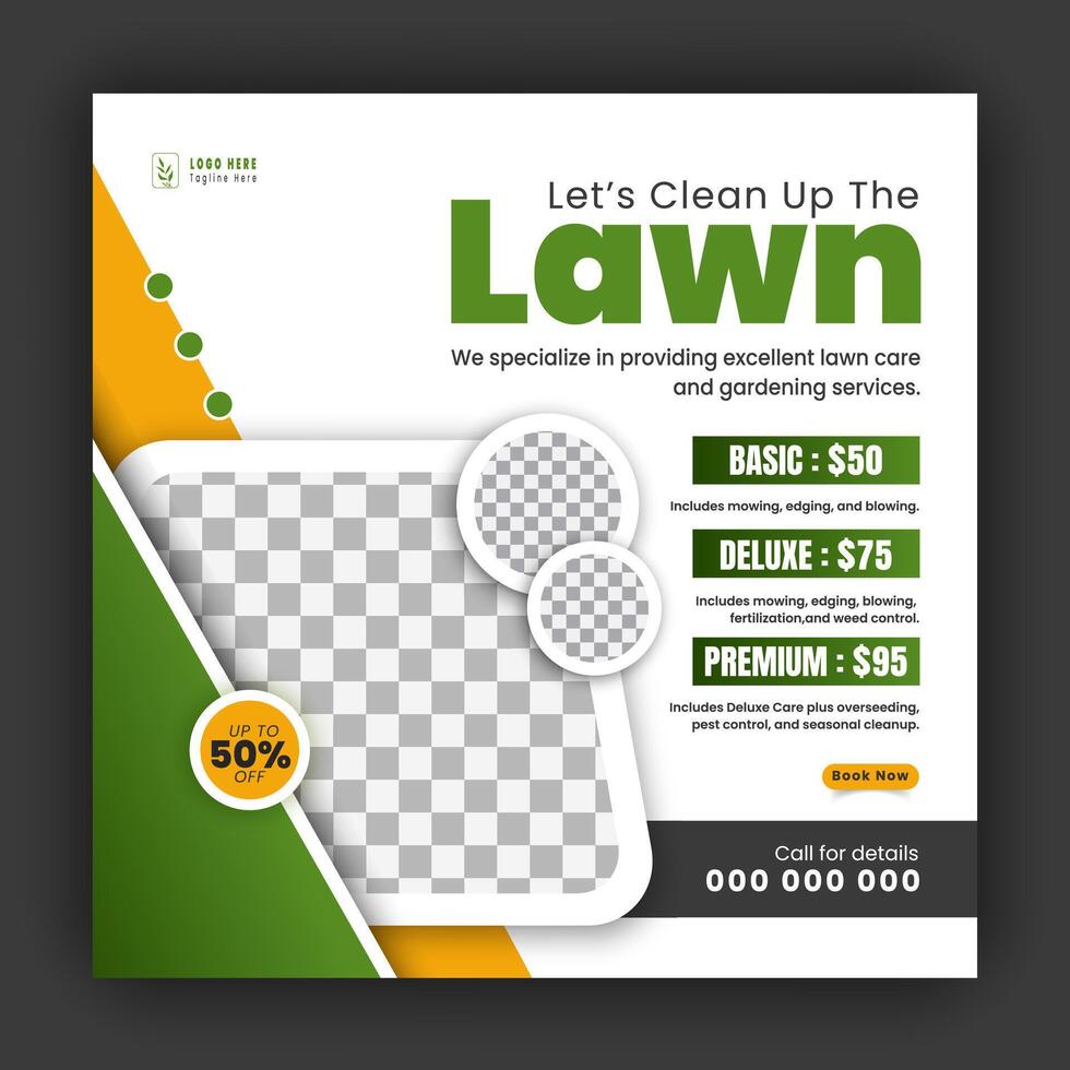 Corporate modern lawn care garden service for social media cover design template, agriculture and organic food campaign post web banner, abstract green, yellow color shape on white background vector