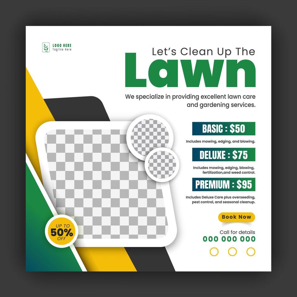 Corporate modern lawn care garden service for social media cover design template, agriculture and organic food campaign post web banner, abstract green, yellow color shape on white background vector