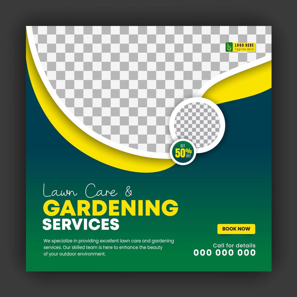 Corporate modern lawn care garden service for social media cover design template, agriculture and organic food campaign post web banner, abstract green, yellow color shapes vector