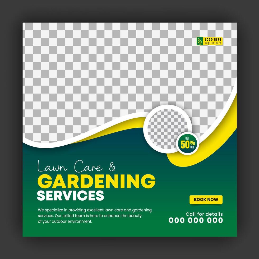 Corporate modern lawn care garden service for social media cover design template, agriculture and organic food campaign post web banner, abstract green, yellow color shapes vector