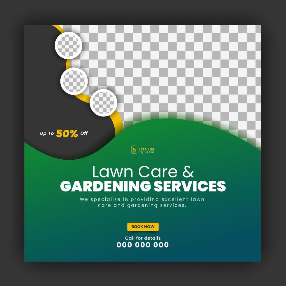 Corporate modern lawn care garden service for social media cover design template, agriculture and organic food campaign post web banner, abstract green, yellow color shapes vector