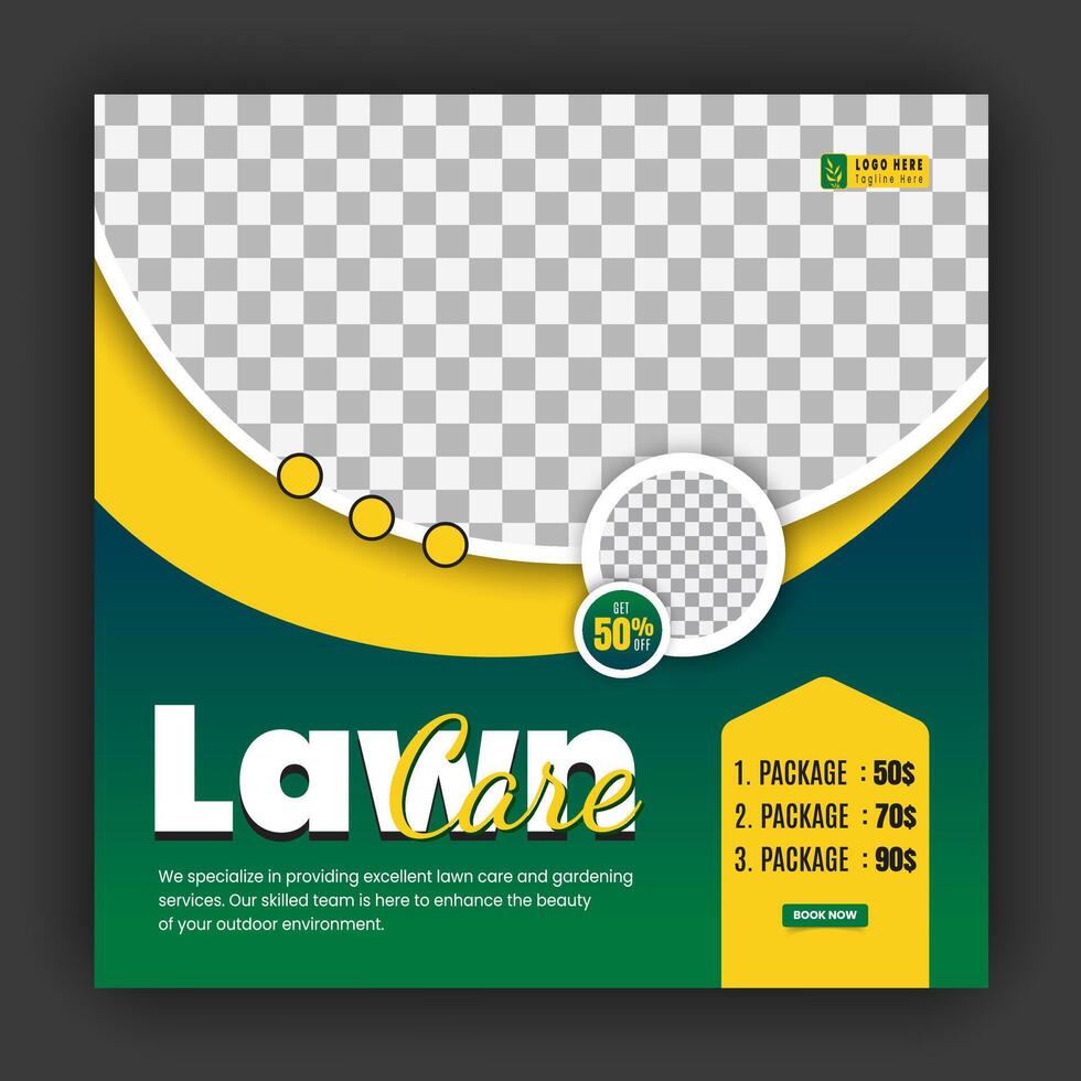 Corporate modern lawn care garden service for social media cover design template, agriculture and organic food campaign post web banner, abstract green, yellow color shapes vector