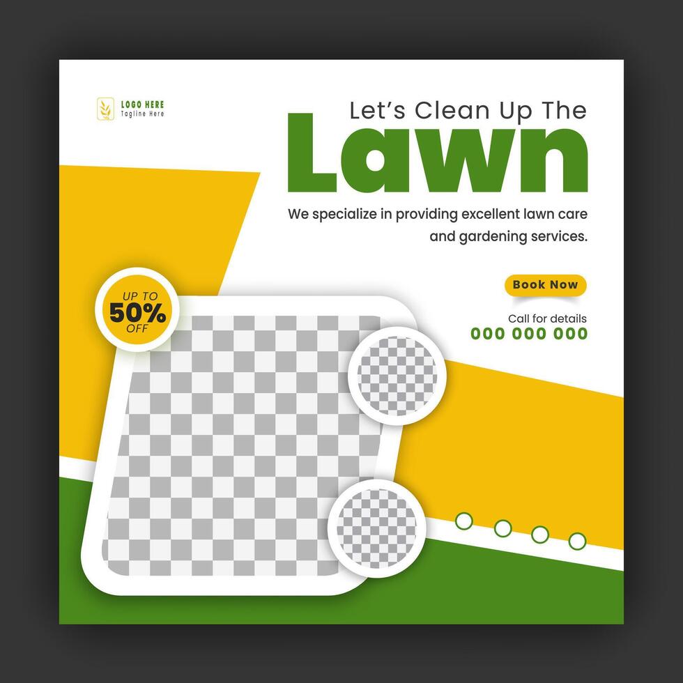 Corporate modern lawn care garden service for social media cover design template, agriculture and organic food campaign post web banner, abstract green, yellow color shape on white background vector