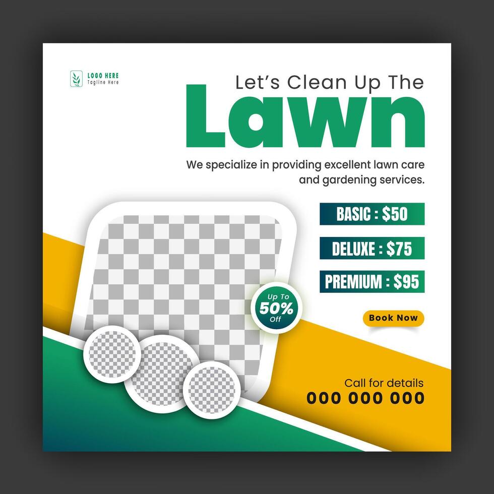 Corporate modern lawn care garden service for social media cover design template, agriculture and organic food campaign post web banner, abstract green, yellow color shape on white background vector