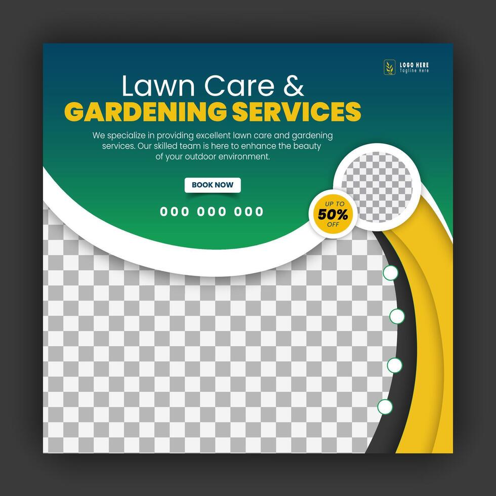 Corporate modern lawn care garden service for social media cover design template, agriculture and organic food campaign post web banner, abstract green, yellow color shapes vector