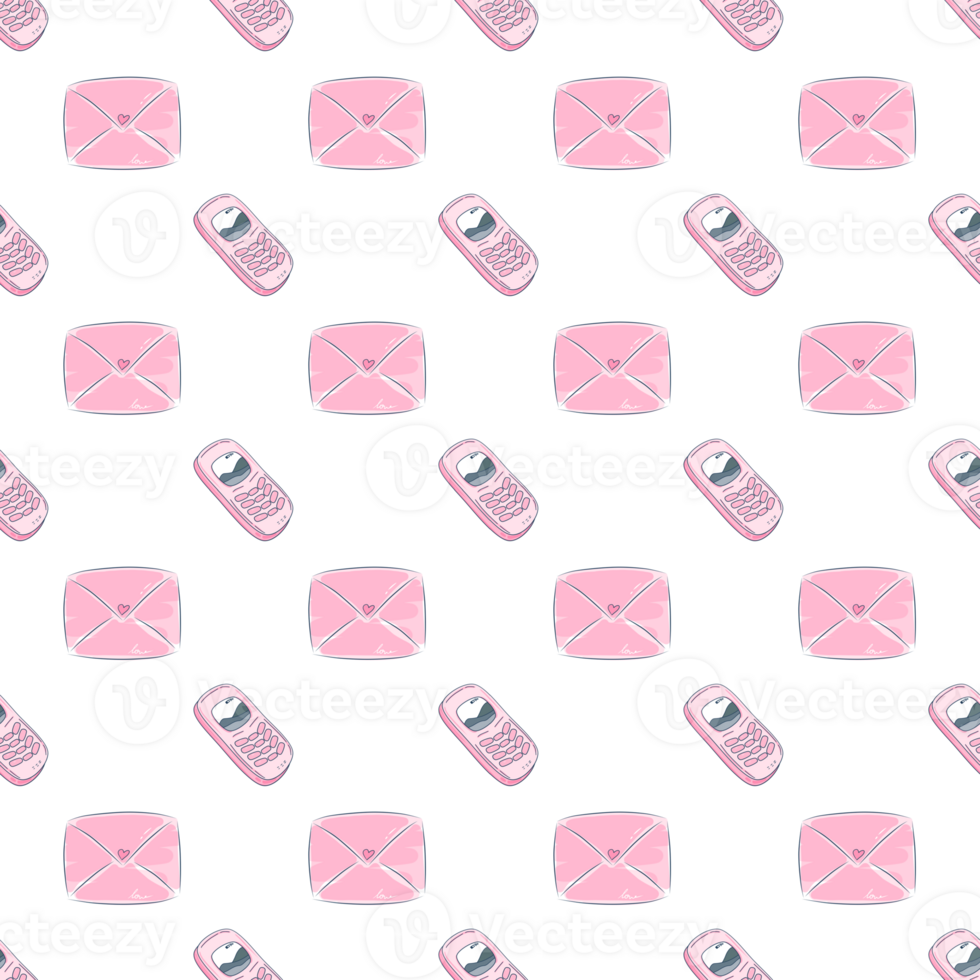 seamless pattern background of pink vintage mobile phone and envelope png