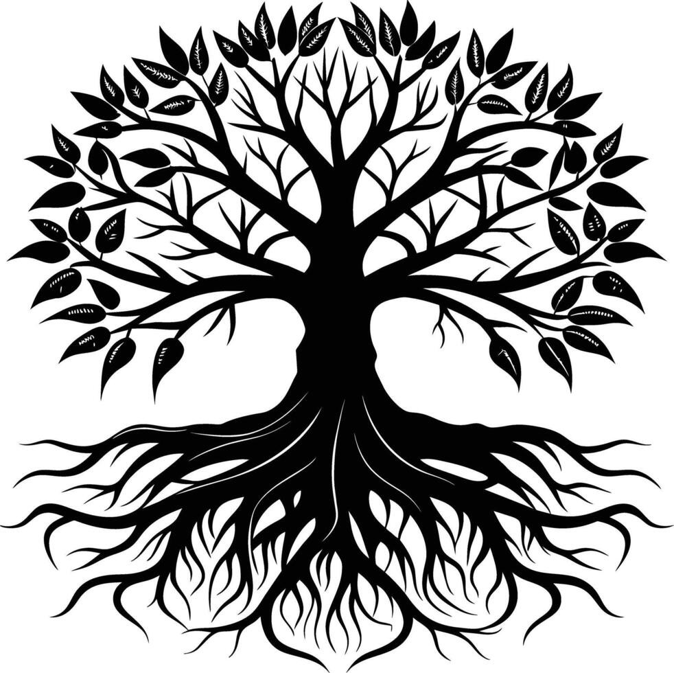 Silhouette of a tree with roots vector