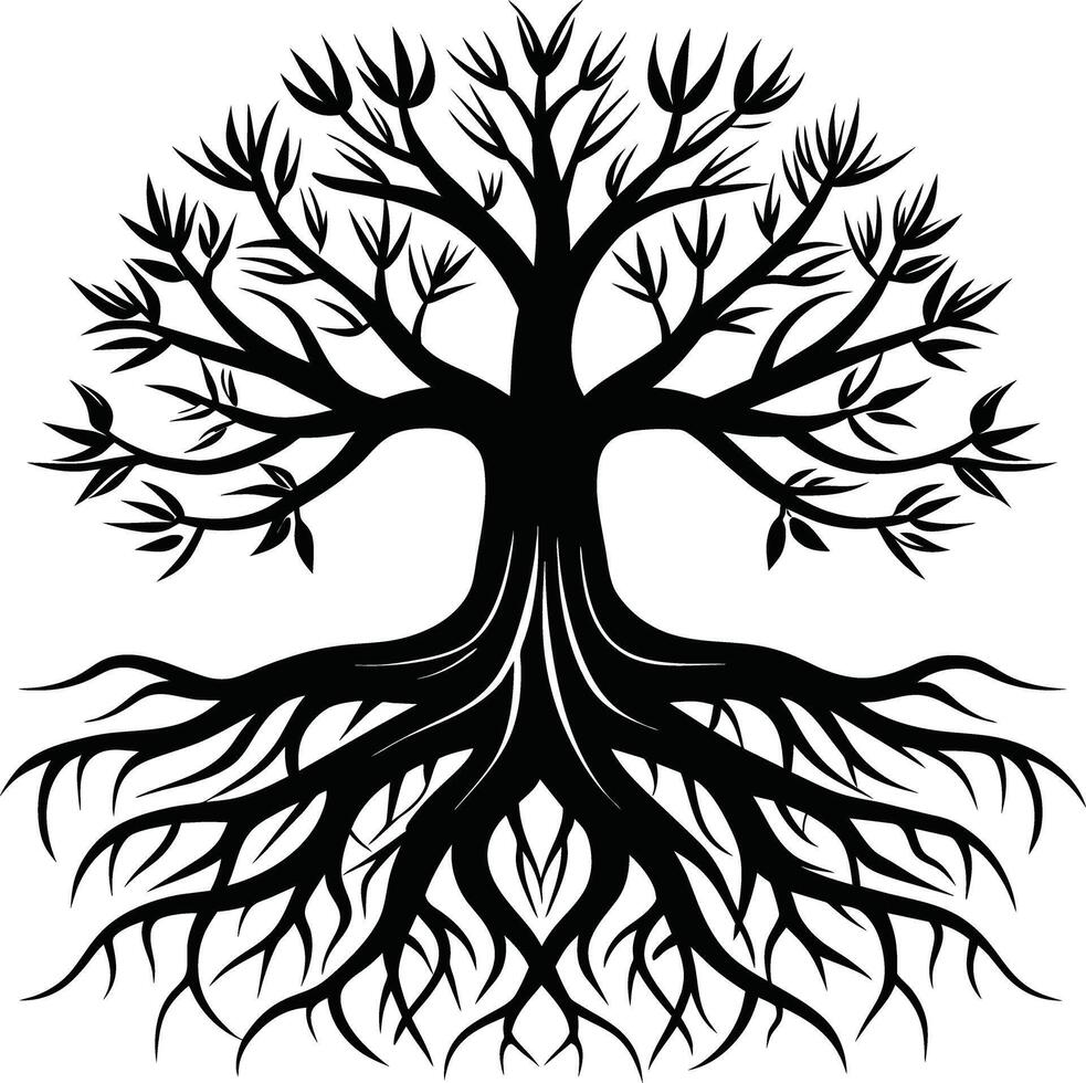 Silhouette of a tree with roots vector