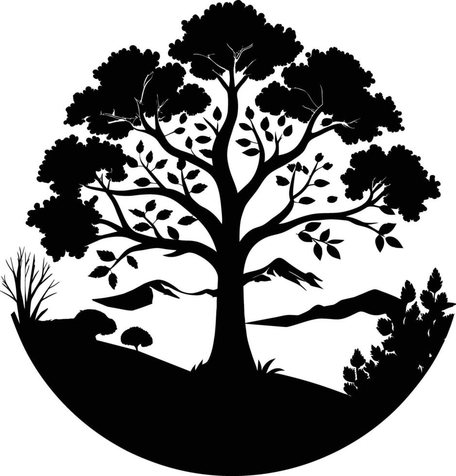 Silhouette of a tree with grass vector