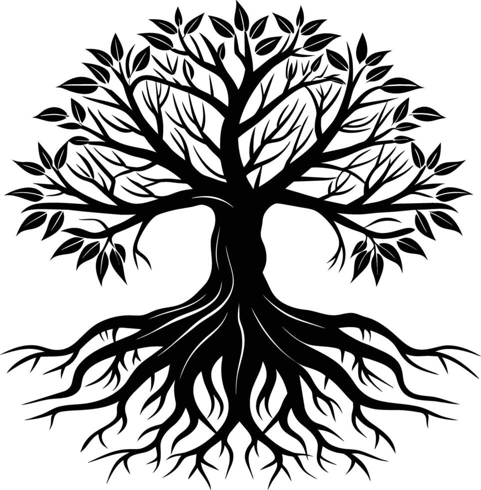 Silhouette of a tree with roots vector