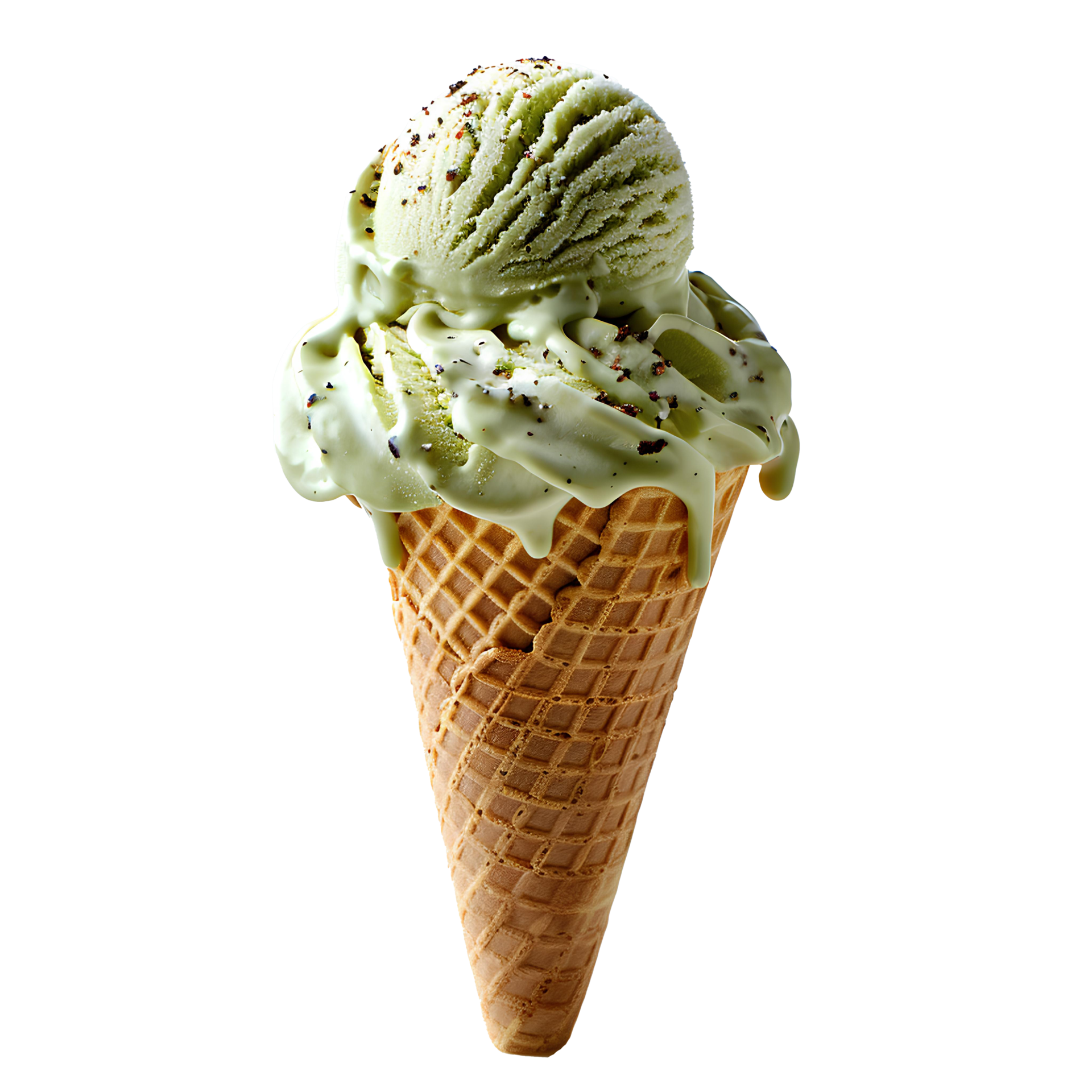 Pistachio ice cream cone isolated. Green pistachio ice cream dripping