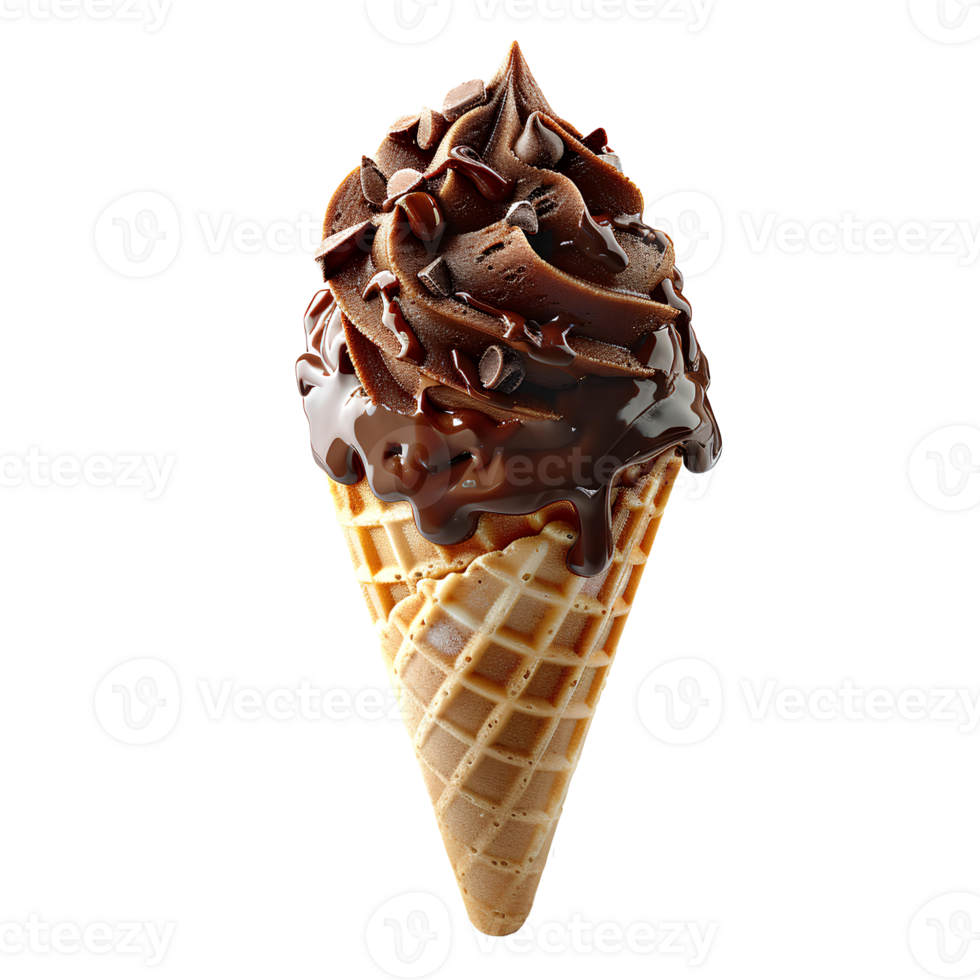 Chocolate ice cream cone with chocolate pieces and sprinkles isolated. Chocolate ice cream dripping. Chocolate ice cream top view isolated. Chocolate dessert flat lay png