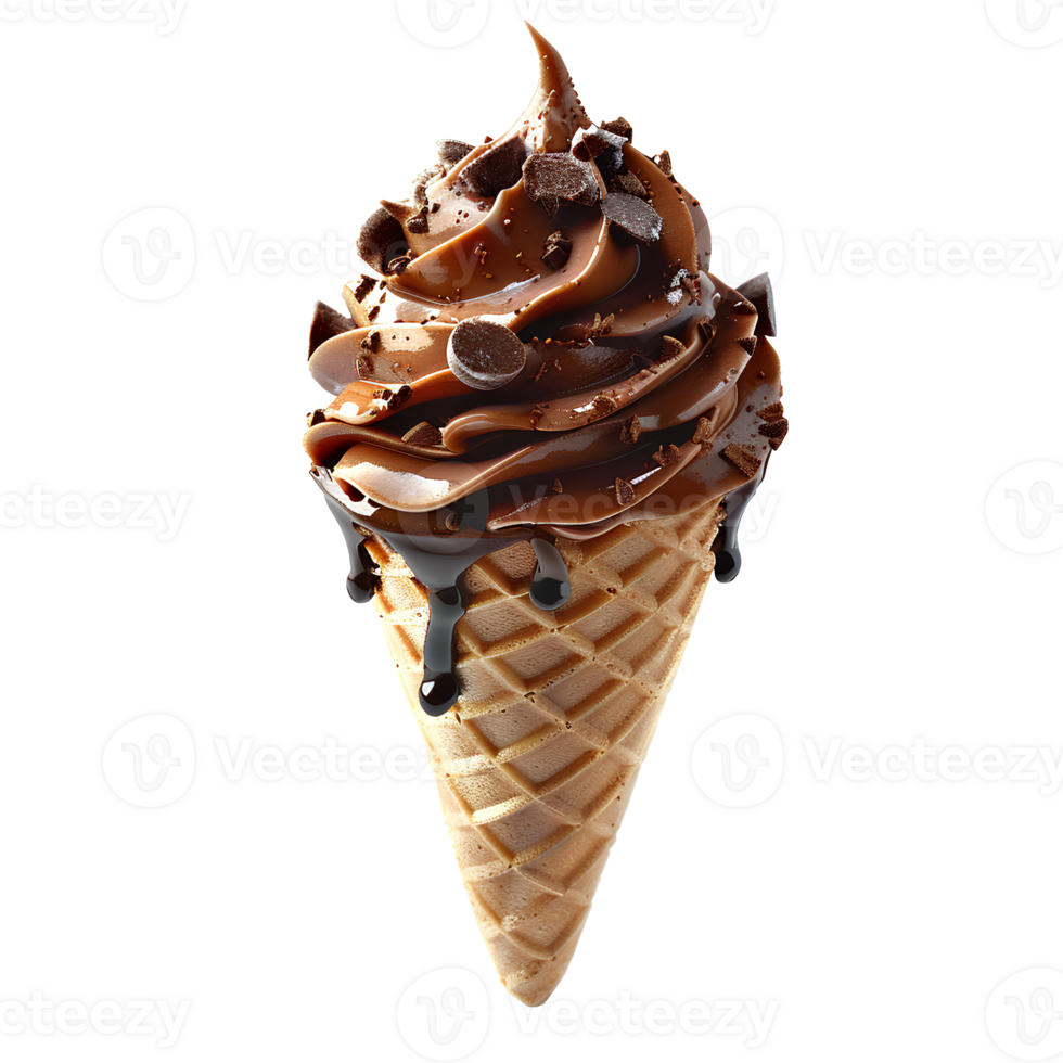 Chocolate ice cream cone with chocolate pieces and sprinkles isolated. Chocolate ice cream dripping. Chocolate ice cream top view isolated. Chocolate dessert flat lay png